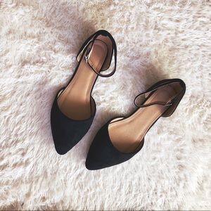 Black velvet ankle strap flats